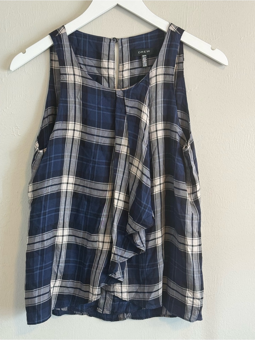 DREW Women’s Blue Black Plaid Ruffle Front Sleeveless Blouse Made In USA Size XS